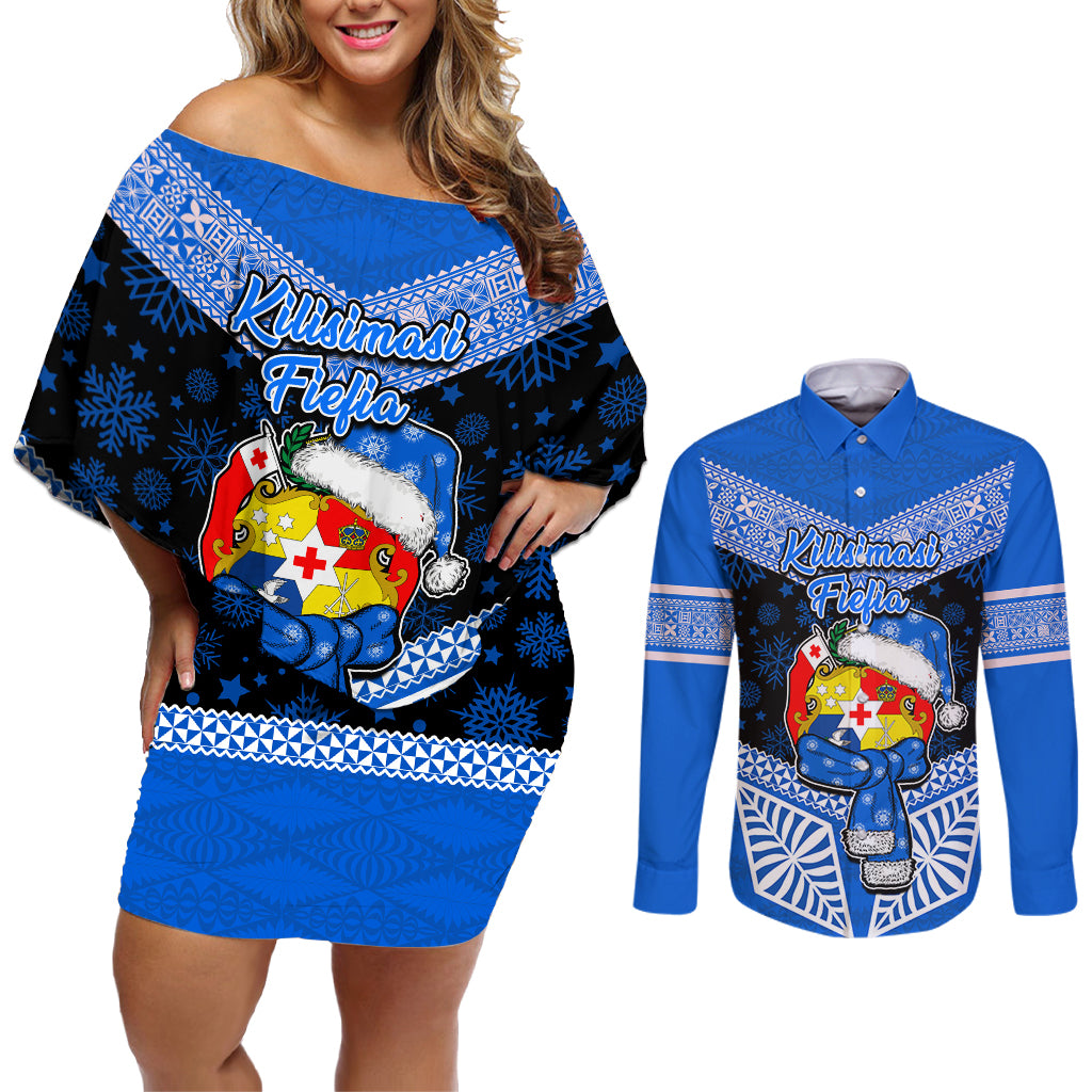 Tonga Christmas Couples Matching Off Shoulder Short Dress and Long Sleeve Button Shirts Tongan Coat of Arms Santa With Ngatu Pattern Christmas Blue Style LT03 Blue - Polynesian Pride