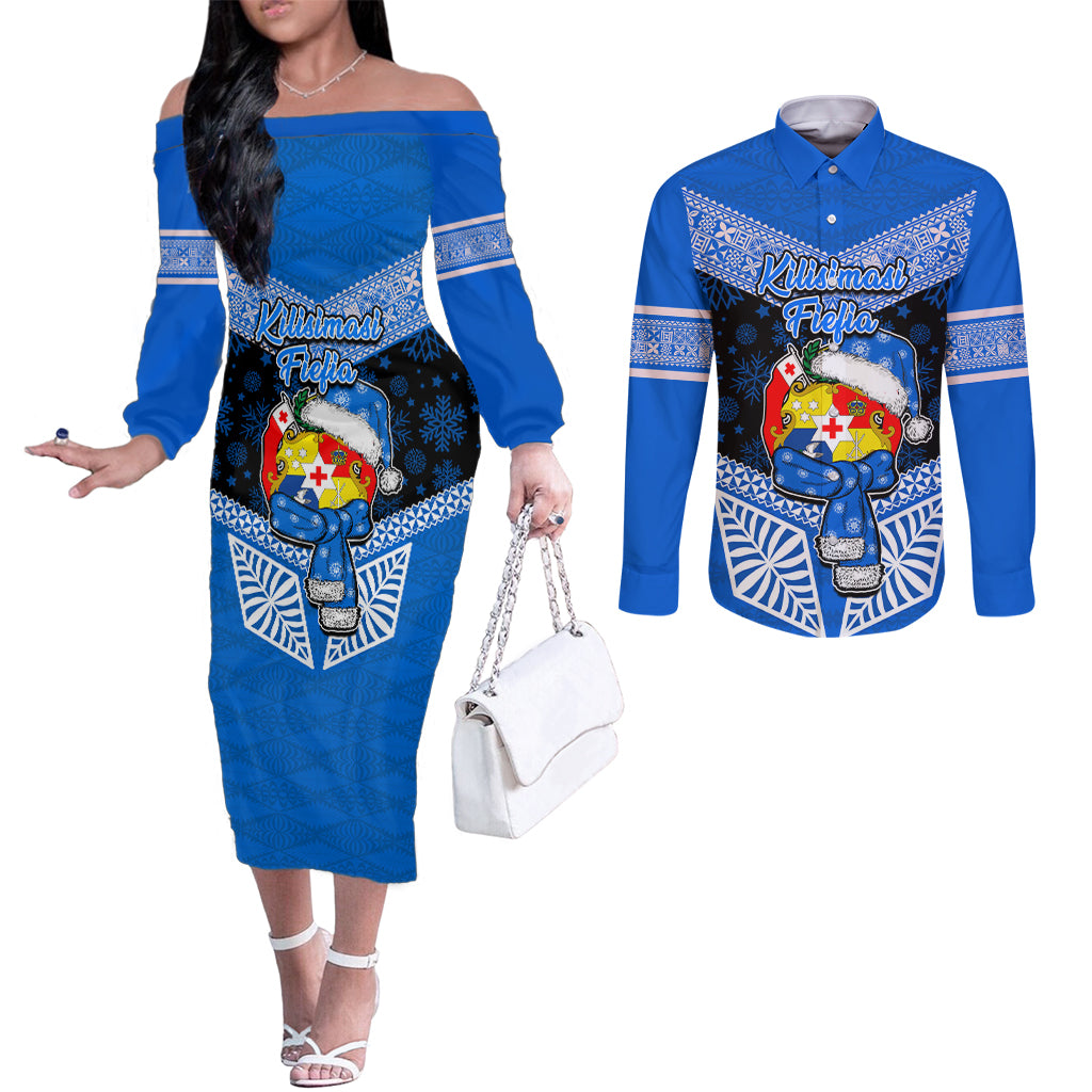Tonga Christmas Couples Matching Off The Shoulder Long Sleeve Dress and Long Sleeve Button Shirts Tongan Coat of Arms Santa With Ngatu Pattern Christmas Blue Style LT03 Blue - Polynesian Pride