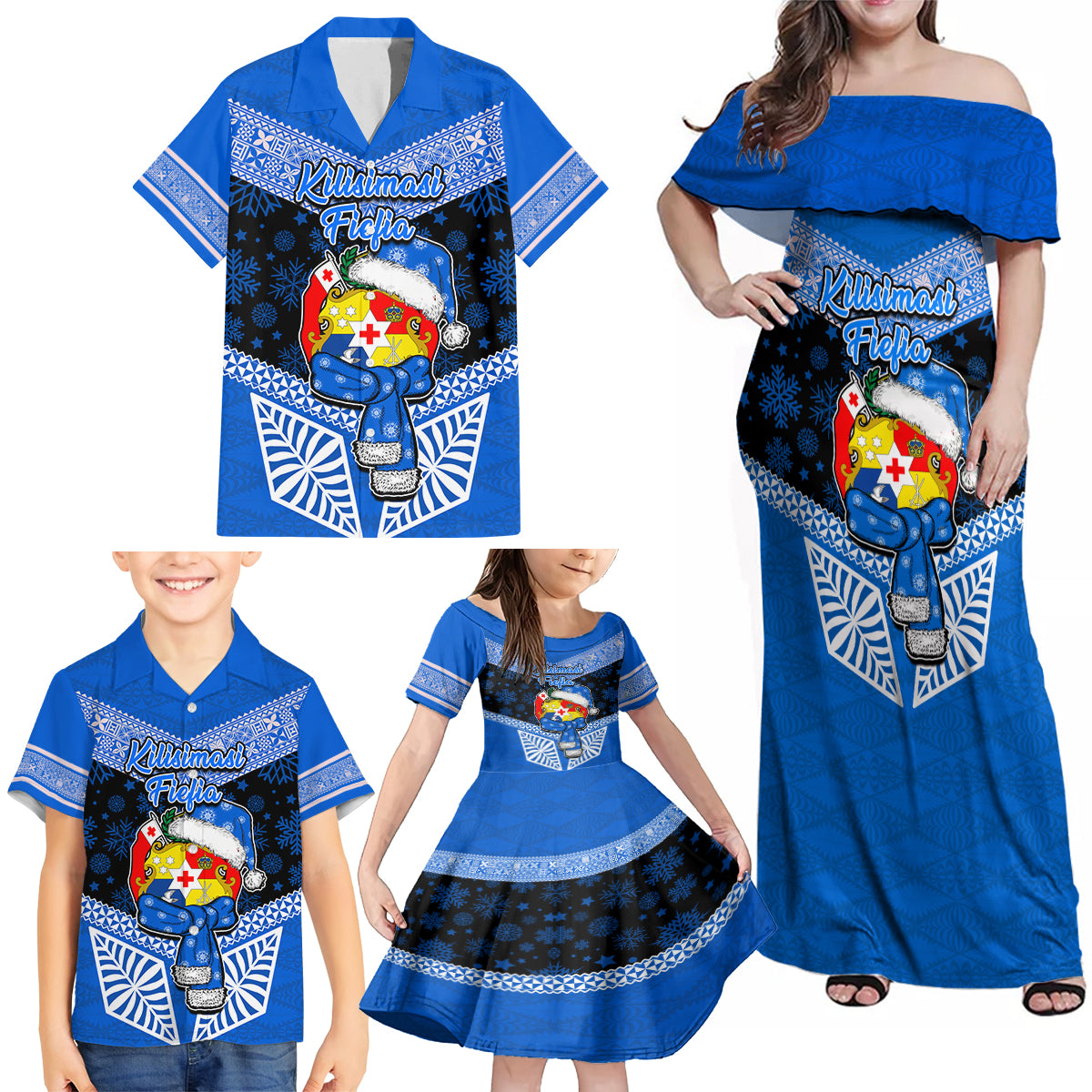 Tonga Christmas Family Matching Off Shoulder Maxi Dress and Hawaiian Shirt Tongan Coat of Arms Santa With Ngatu Pattern Christmas Blue Style LT03 - Polynesian Pride