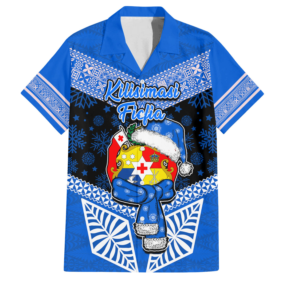 Tonga Christmas Family Matching Puletasi Dress and Hawaiian Shirt Tongan Coat of Arms Santa With Ngatu Pattern Christmas Blue Style LT03 Dad's Shirt - Short Sleeve Blue - Polynesian Pride