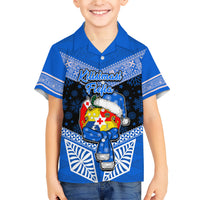 Tonga Christmas Family Matching Short Sleeve Bodycon Dress and Hawaiian Shirt Tongan Coat of Arms Santa With Ngatu Pattern Christmas Blue Style LT03 Son's Shirt Blue - Polynesian Pride