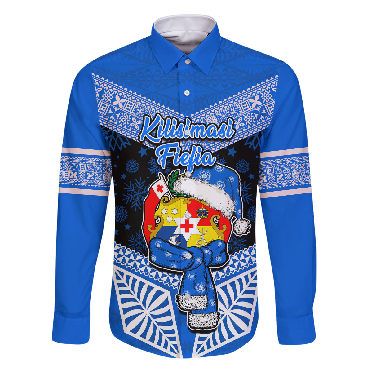 Tonga Christmas Family Matching Summer Maxi Dress and Hawaiian Shirt Tongan Coat of Arms Santa With Ngatu Pattern Christmas Blue Style LT03 Dad's Shirt - Long Sleeve Blue - Polynesian Pride