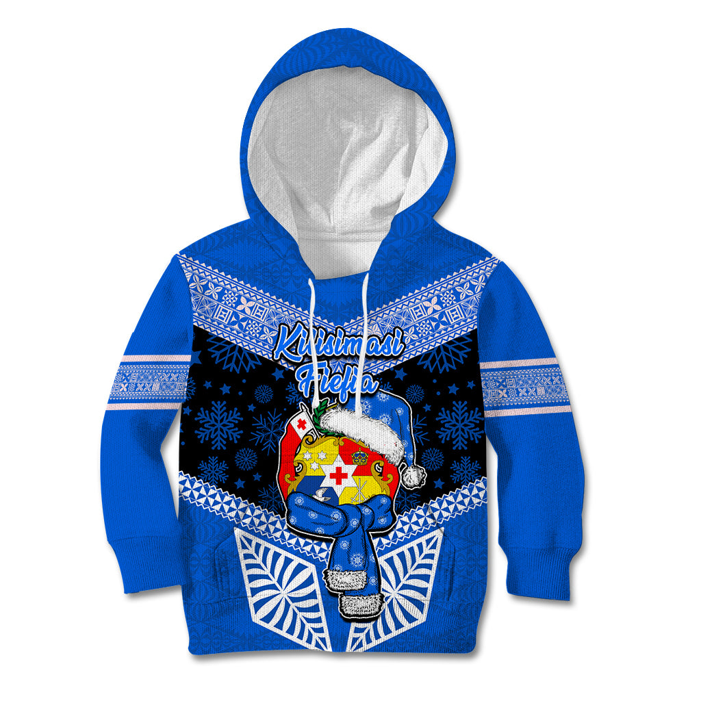 Tonga Christmas Kid Hoodie Tongan Coat of Arms Santa With Ngatu Pattern Christmas Blue Style LT03 Hoodie Blue - Polynesian Pride