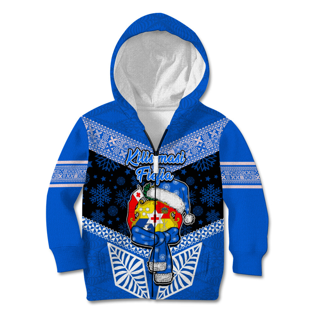 Tonga Christmas Kid Hoodie Tongan Coat of Arms Santa With Ngatu Pattern Christmas Blue Style LT03 Zip Hoodie Blue - Polynesian Pride