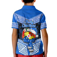 Tonga Christmas Kid Polo Shirt Tongan Coat of Arms Santa With Ngatu Pattern Christmas Blue Style LT03 - Polynesian Pride