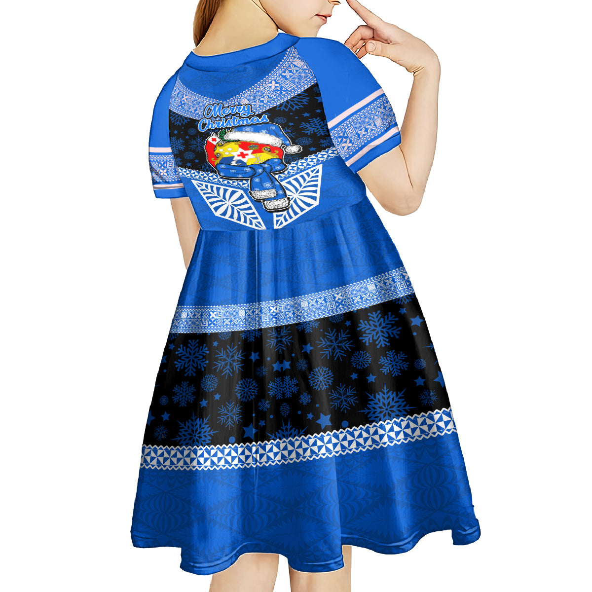 Tonga Christmas Kid Short Sleeve Dress Tongan Coat of Arms Santa With Ngatu Pattern Christmas Blue Style LT03 - Polynesian Pride