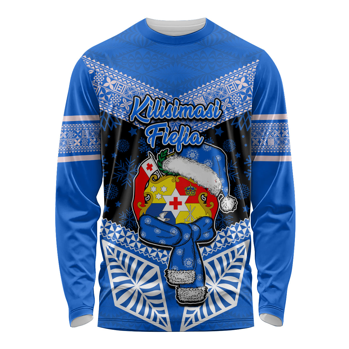 Tonga Christmas Long Sleeve Shirt Tongan Coat of Arms Santa With Ngatu Pattern Christmas Blue Style LT03 Unisex Blue - Polynesian Pride