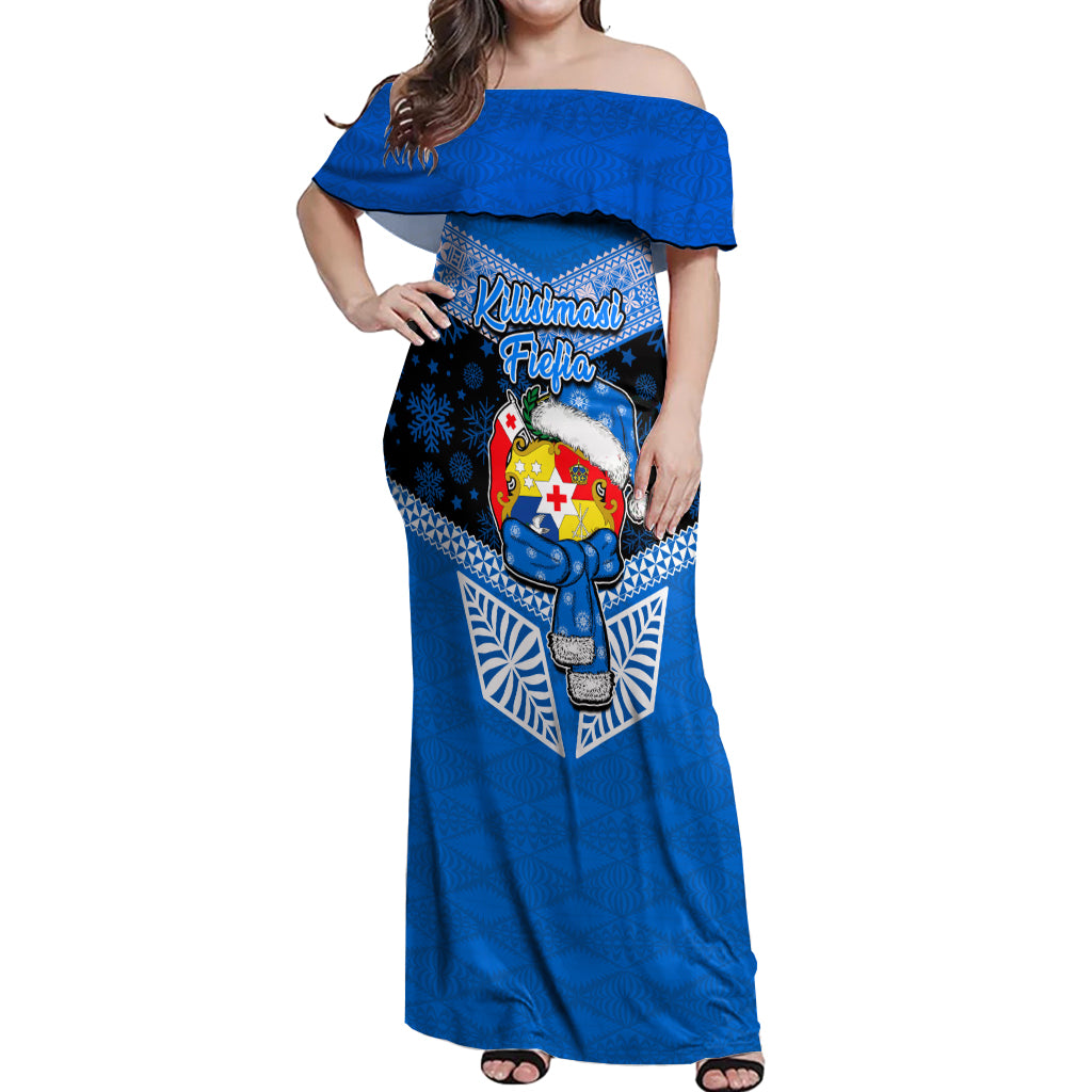 Tonga Christmas Off Shoulder Maxi Dress Tongan Coat of Arms Santa With Ngatu Pattern Christmas Blue Style LT03 Women Blue - Polynesian Pride