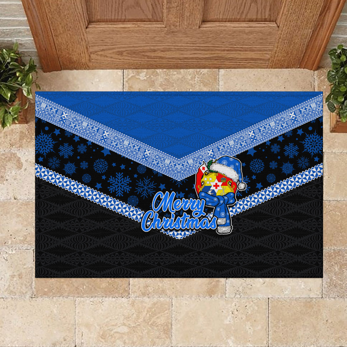 Tonga Christmas Rubber Doormat Tongan Coat of Arms Santa With Ngatu Pattern Christmas Blue Style LT03 - Polynesian Pride