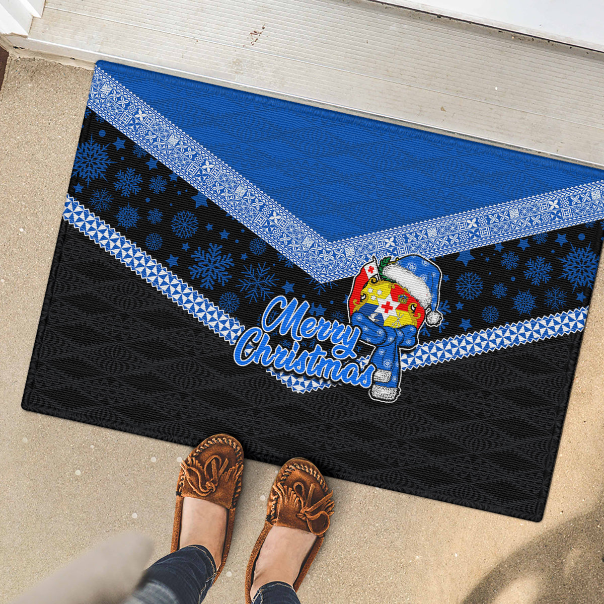 Tonga Christmas Rubber Doormat Tongan Coat of Arms Santa With Ngatu Pattern Christmas Blue Style LT03 - Polynesian Pride