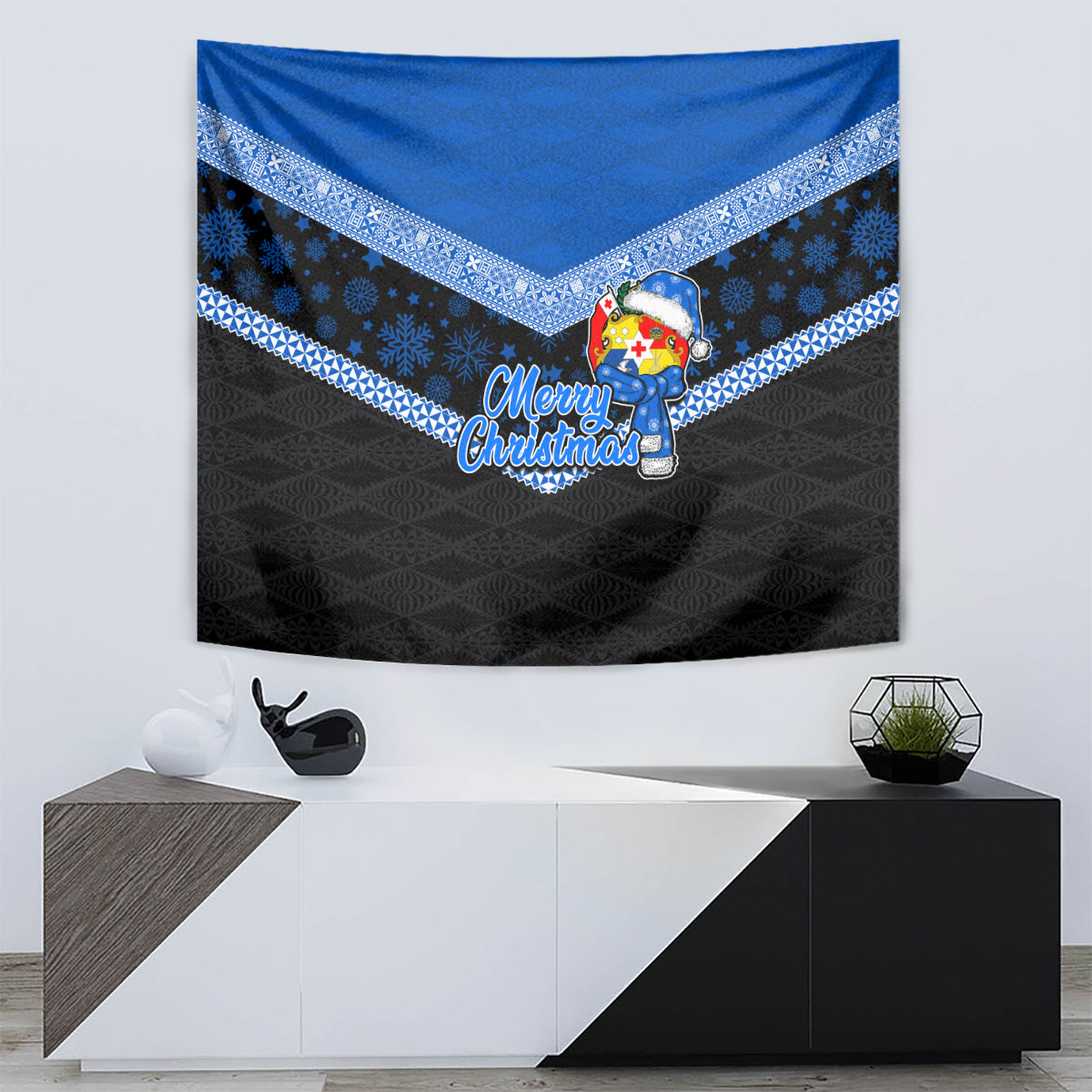 Tonga Christmas Tapestry Tongan Coat of Arms Santa With Ngatu Pattern Christmas Blue Style LT03 - Polynesian Pride