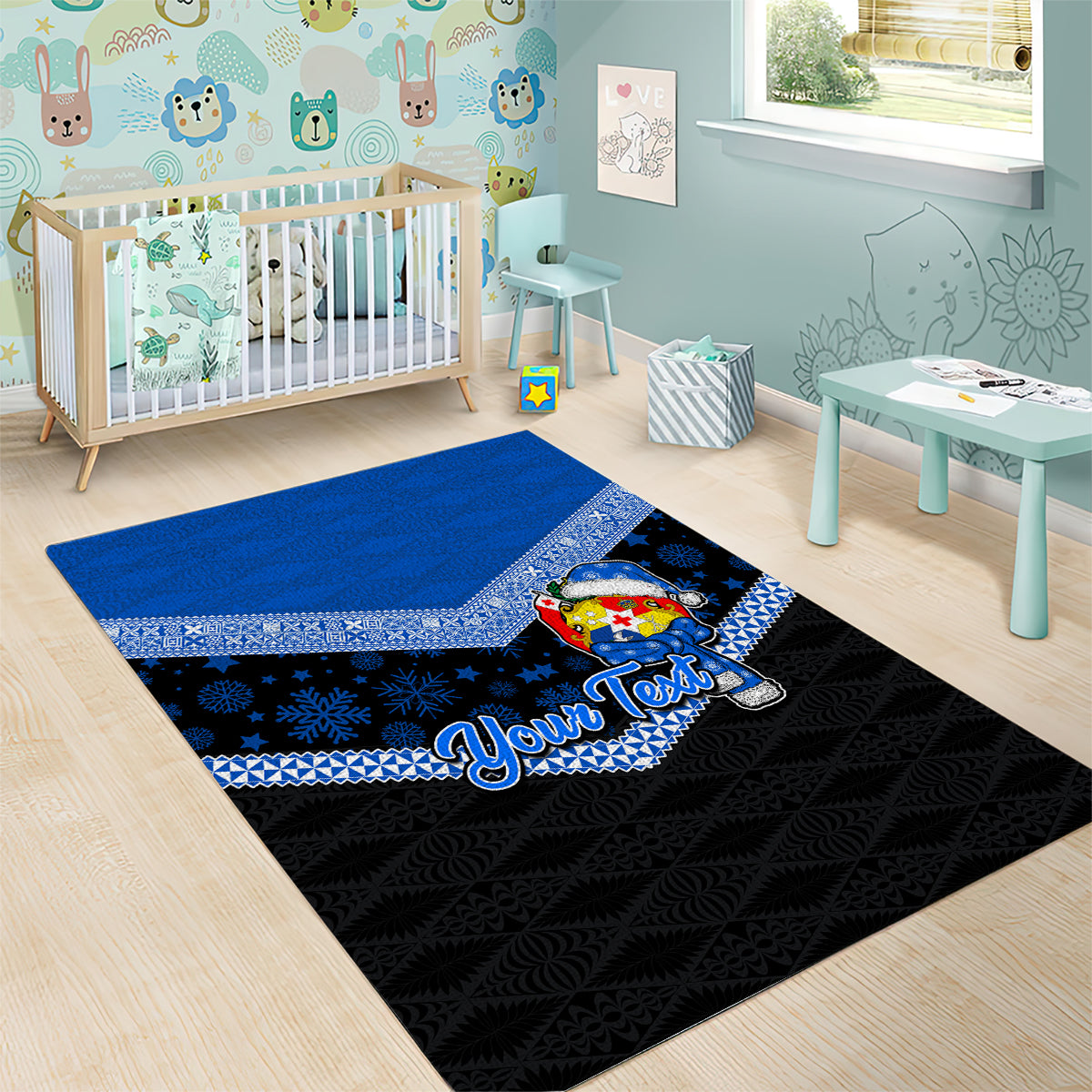 Personalised Tonga Christmas Area Rug Tongan Coat of Arms Santa With Ngatu Pattern Christmas Blue Style LT03 - Polynesian Pride