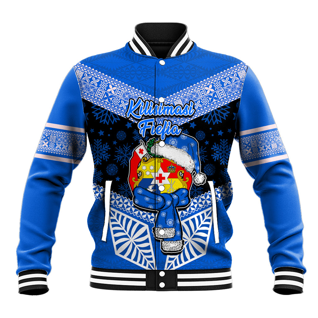 Personalised Tonga Christmas Baseball Jacket Tongan Coat of Arms Santa With Ngatu Pattern Christmas Blue Style LT03 Unisex Blue - Polynesian Pride