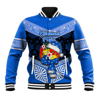 Personalised Tonga Christmas Baseball Jacket Tongan Coat of Arms Santa With Ngatu Pattern Christmas Blue Style LT03 Unisex Blue - Polynesian Pride