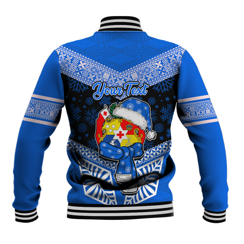 Personalised Tonga Christmas Baseball Jacket Tongan Coat of Arms Santa With Ngatu Pattern Christmas Blue Style LT03 - Polynesian Pride