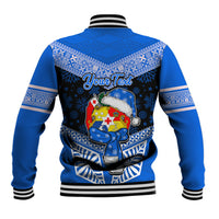 Personalised Tonga Christmas Baseball Jacket Tongan Coat of Arms Santa With Ngatu Pattern Christmas Blue Style LT03 - Polynesian Pride