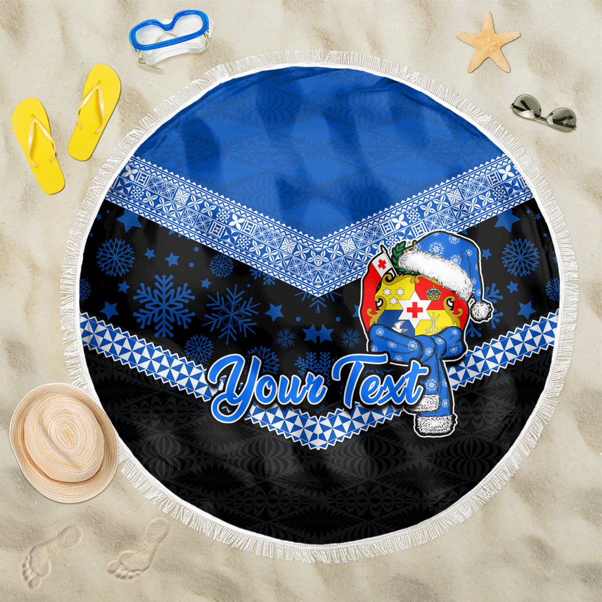 Personalised Tonga Christmas Beach Blanket Tongan Coat of Arms Santa With Ngatu Pattern Christmas Blue Style LT03 One Size 150cm Blue - Wonder Print Shop