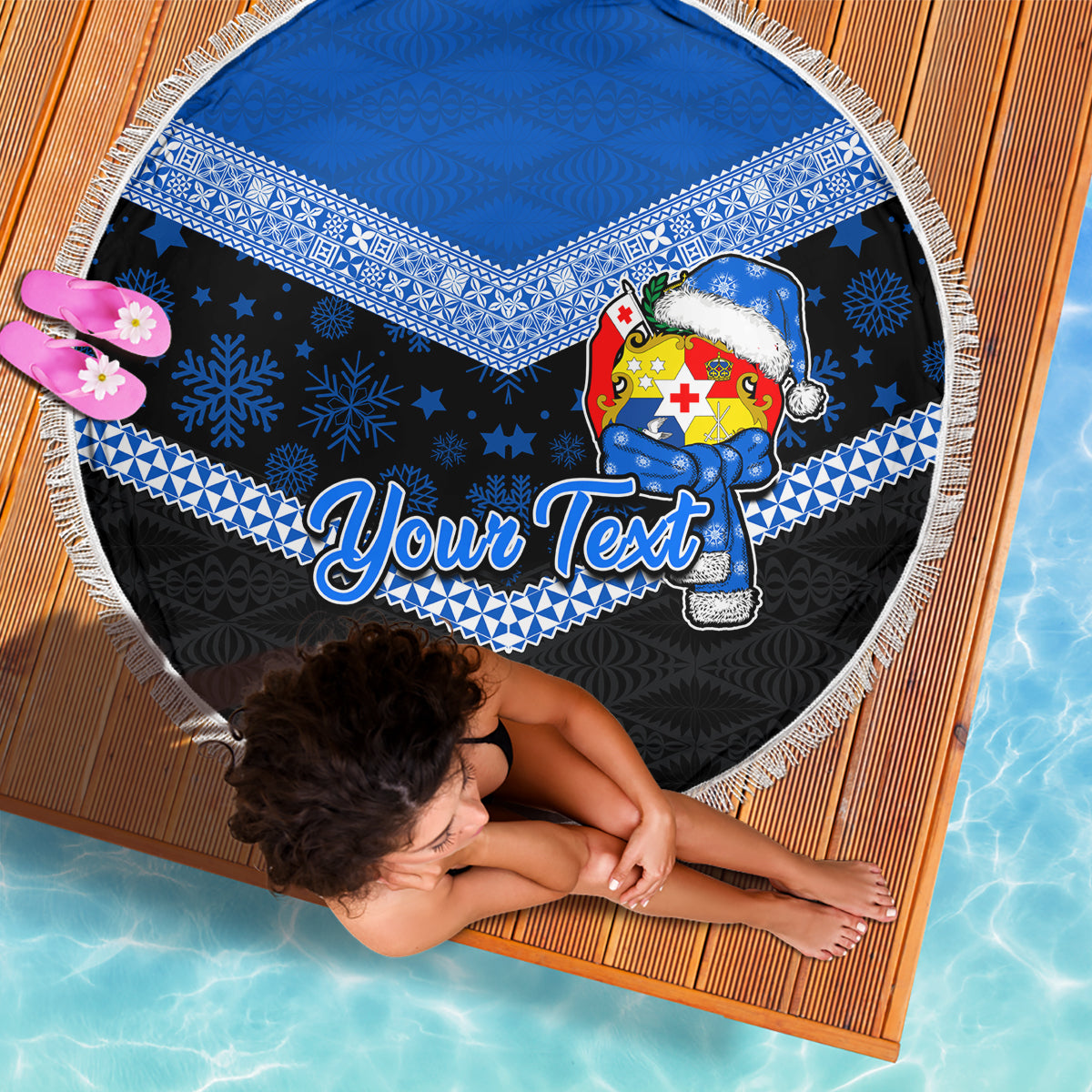 Personalised Tonga Christmas Beach Blanket Tongan Coat of Arms Santa With Ngatu Pattern Christmas Blue Style LT03 - Wonder Print Shop
