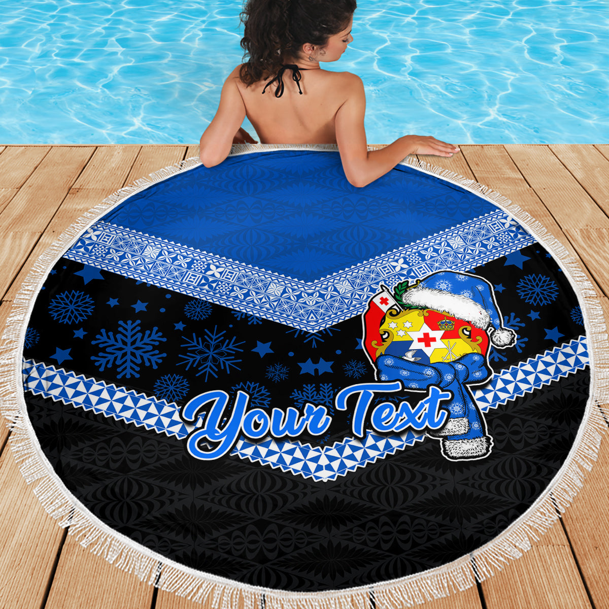 Personalised Tonga Christmas Beach Blanket Tongan Coat of Arms Santa With Ngatu Pattern Christmas Blue Style LT03 - Wonder Print Shop