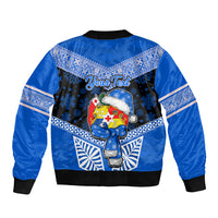 Personalised Tonga Christmas Bomber Jacket Tongan Coat of Arms Santa With Ngatu Pattern Christmas Blue Style LT03 - Polynesian Pride