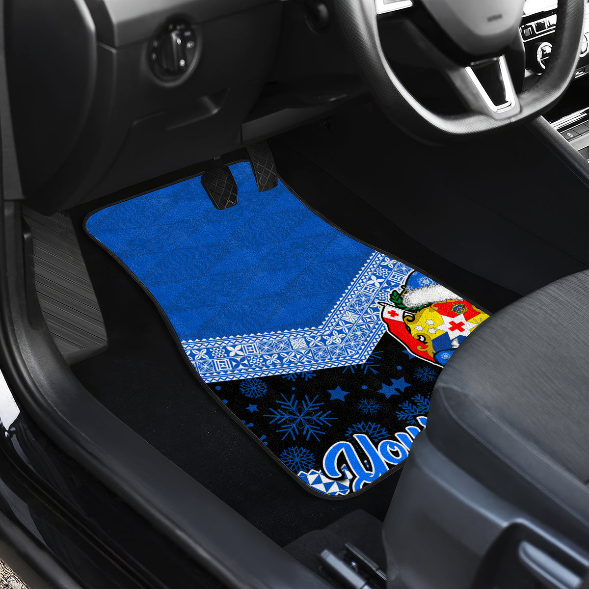 Personalised Tonga Christmas Car Mats Tongan Coat of Arms Santa With Ngatu Pattern Christmas Blue Style LT03 - Polynesian Pride