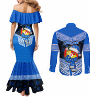 Personalised Tonga Christmas Couples Matching Mermaid Dress and Long Sleeve Button Shirts Tongan Coat of Arms Santa With Ngatu Pattern Christmas Blue Style LT03 - Polynesian Pride