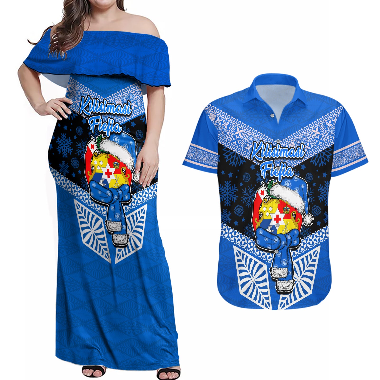 Personalised Tonga Christmas Couples Matching Off Shoulder Maxi Dress and Hawaiian Shirt Tongan Coat of Arms Santa With Ngatu Pattern Christmas Blue Style LT03 Blue - Polynesian Pride