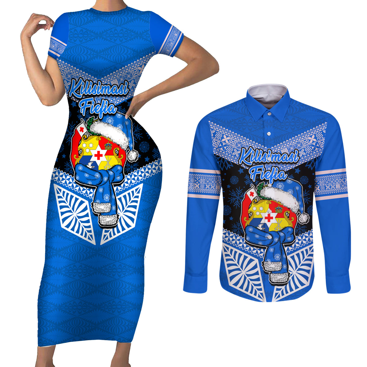 Personalised Tonga Christmas Couples Matching Short Sleeve Bodycon Dress and Long Sleeve Button Shirts Tongan Coat of Arms Santa With Ngatu Pattern Christmas Blue Style LT03 Blue - Polynesian Pride