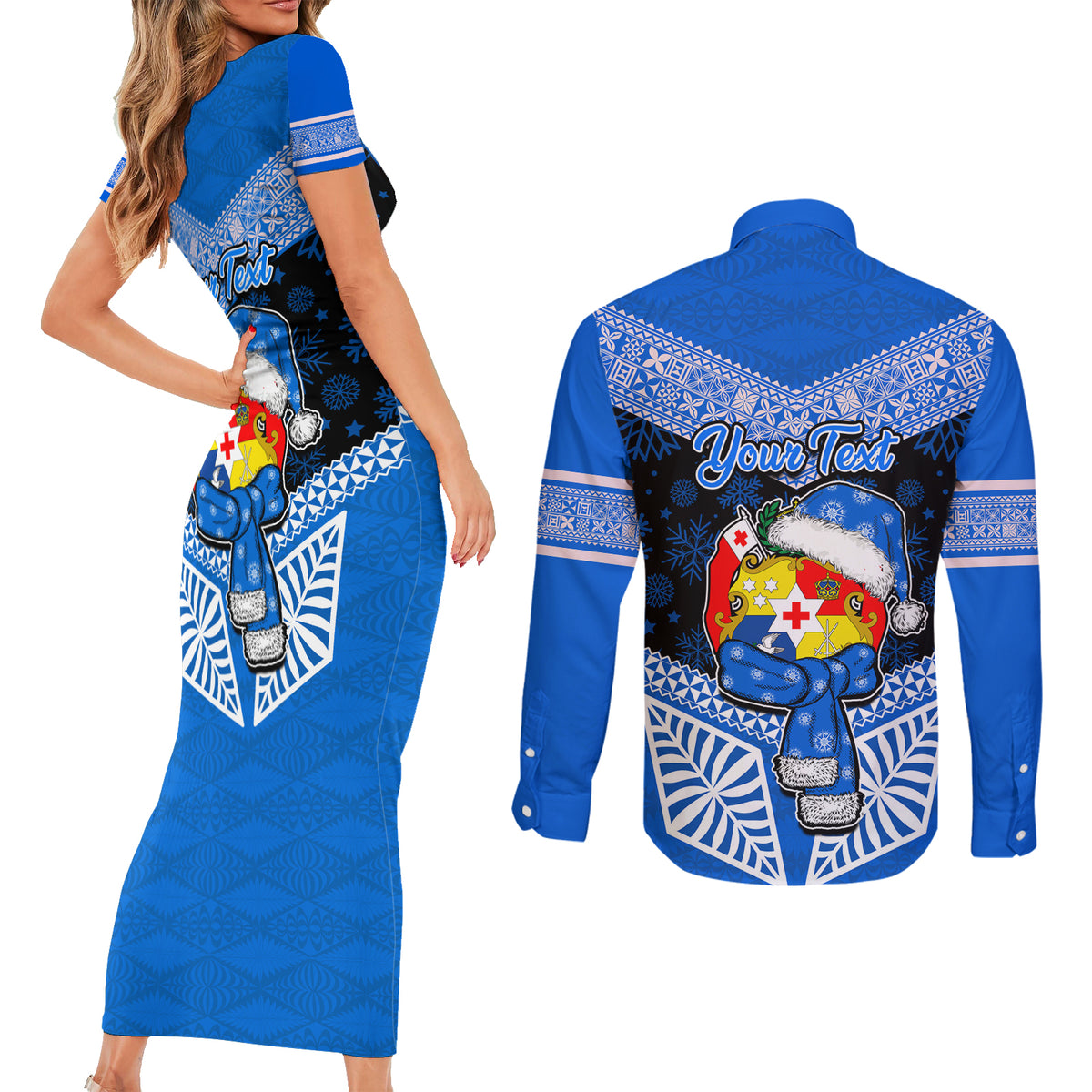 Personalised Tonga Christmas Couples Matching Short Sleeve Bodycon Dress and Long Sleeve Button Shirts Tongan Coat of Arms Santa With Ngatu Pattern Christmas Blue Style LT03 - Polynesian Pride