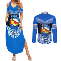 Personalised Tonga Christmas Couples Matching Summer Maxi Dress and Long Sleeve Button Shirts Tongan Coat of Arms Santa With Ngatu Pattern Christmas Blue Style LT03 Blue - Polynesian Pride