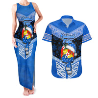 Personalised Tonga Christmas Couples Matching Tank Maxi Dress and Hawaiian Shirt Tongan Coat of Arms Santa With Ngatu Pattern Christmas Blue Style LT03 Blue - Polynesian Pride