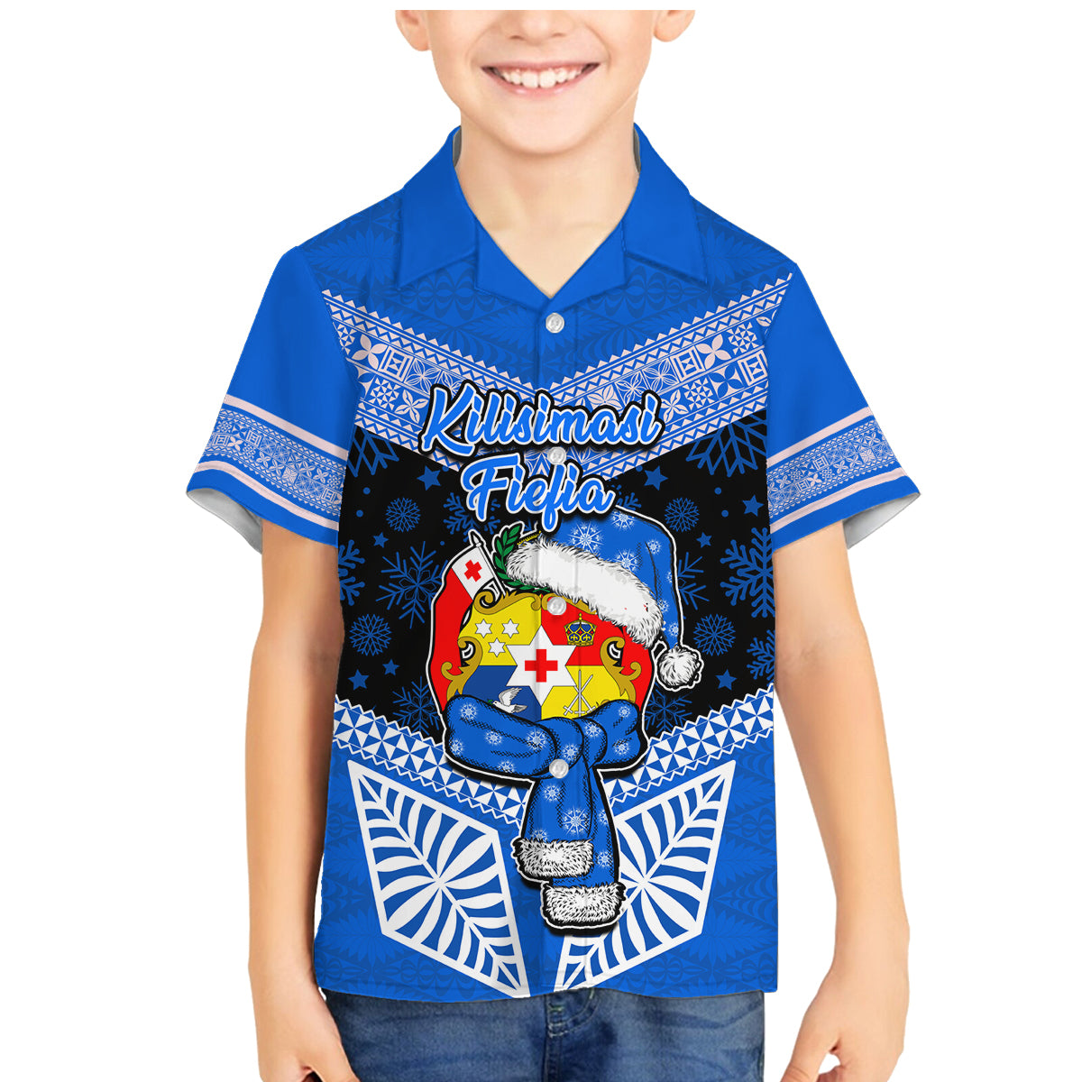 Personalised Tonga Christmas Family Matching Mermaid Dress and Hawaiian Shirt Tongan Coat of Arms Santa With Ngatu Pattern Christmas Blue Style LT03 Son's Shirt Blue - Polynesian Pride