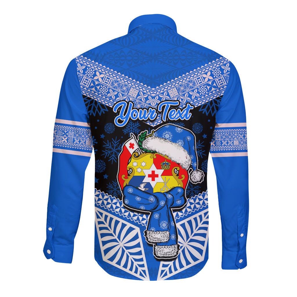 Personalised Tonga Christmas Long Sleeve Button Shirt Tongan Coat of Arms Santa With Ngatu Pattern Christmas Blue Style LT03 - Polynesian Pride
