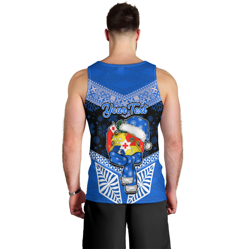 Personalised Tonga Christmas Men Tank Top Tongan Coat of Arms Santa With Ngatu Pattern Christmas Blue Style LT03 - Polynesian Pride