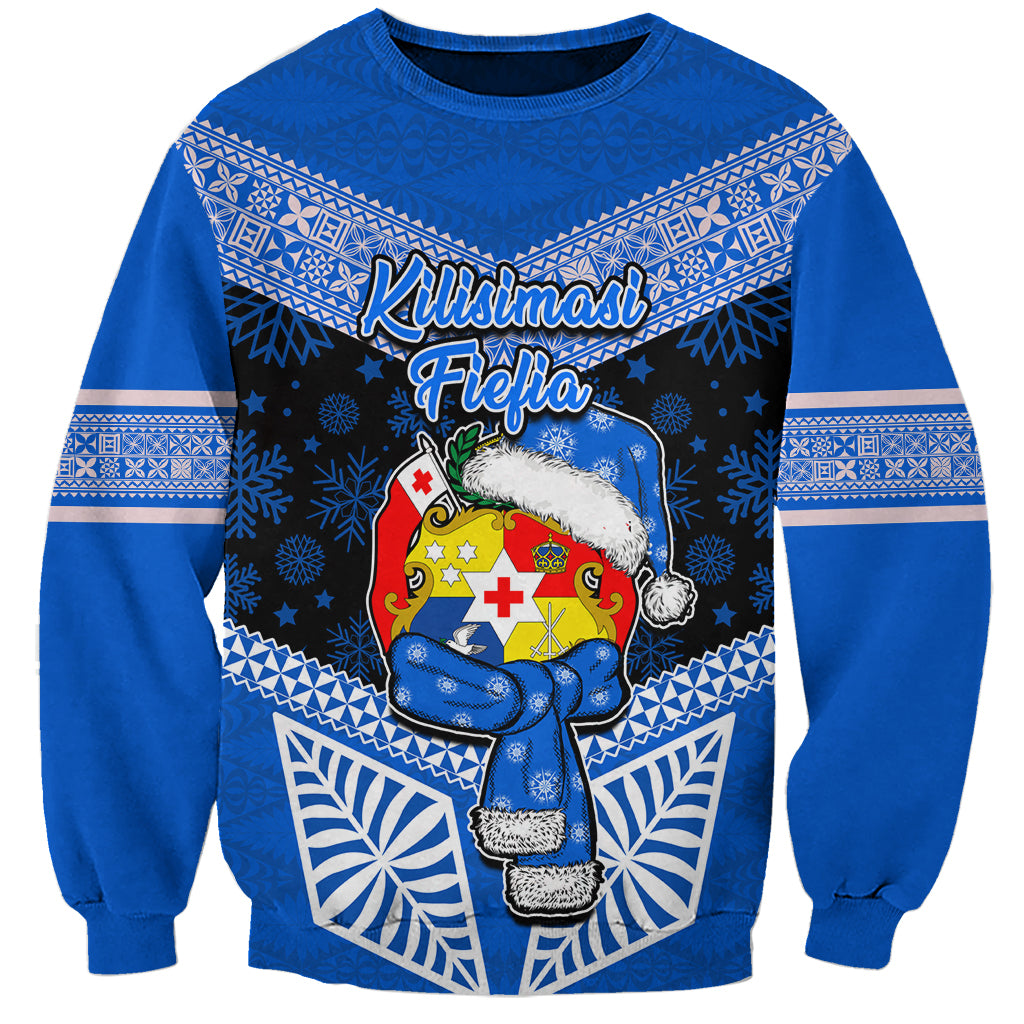 Personalised Tonga Christmas Sweatshirt Tongan Coat of Arms Santa With Ngatu Pattern Christmas Blue Style LT03 Unisex Blue - Polynesian Pride