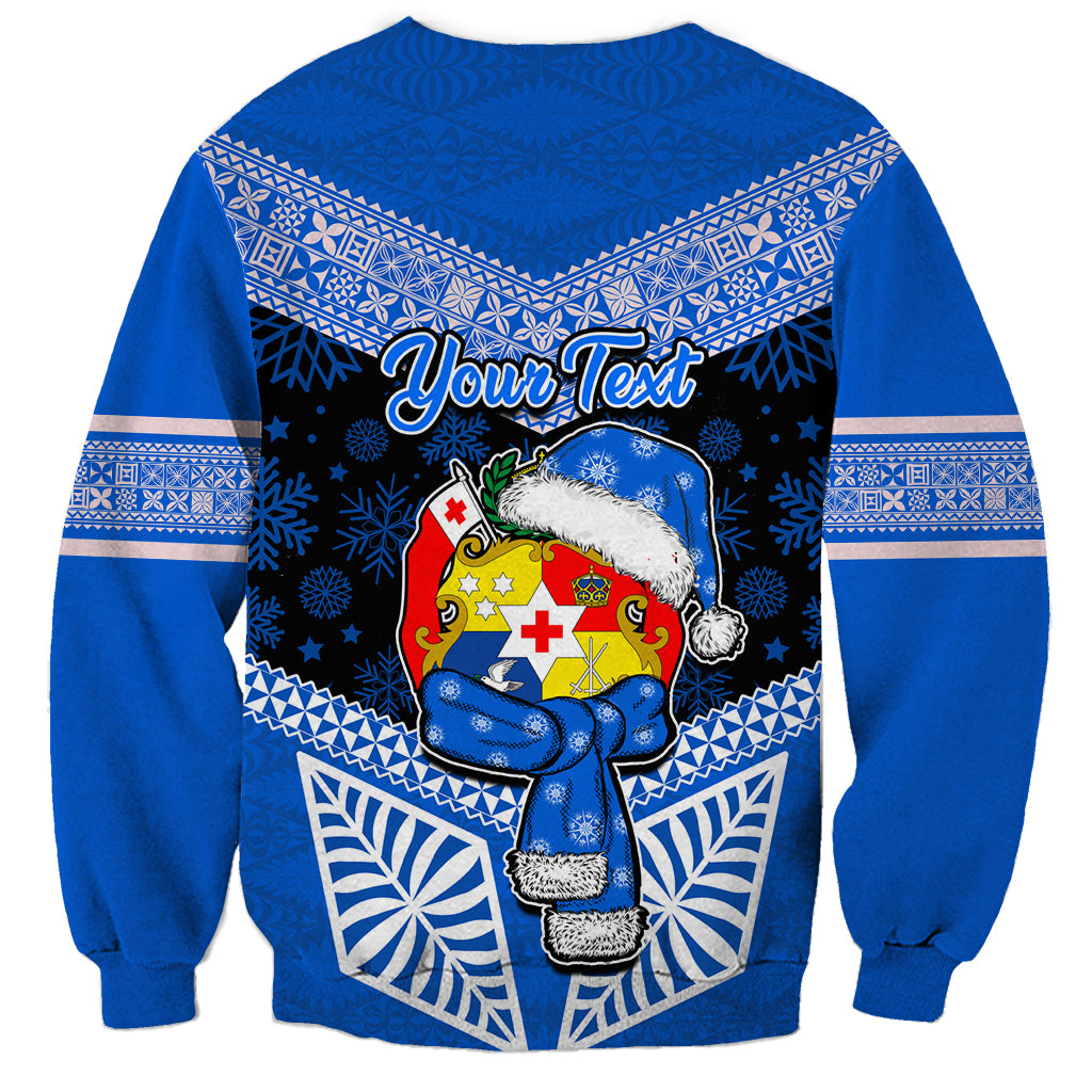 Personalised Tonga Christmas Sweatshirt Tongan Coat of Arms Santa With Ngatu Pattern Christmas Blue Style LT03 - Polynesian Pride