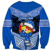 Personalised Tonga Christmas Sweatshirt Tongan Coat of Arms Santa With Ngatu Pattern Christmas Blue Style LT03 - Polynesian Pride