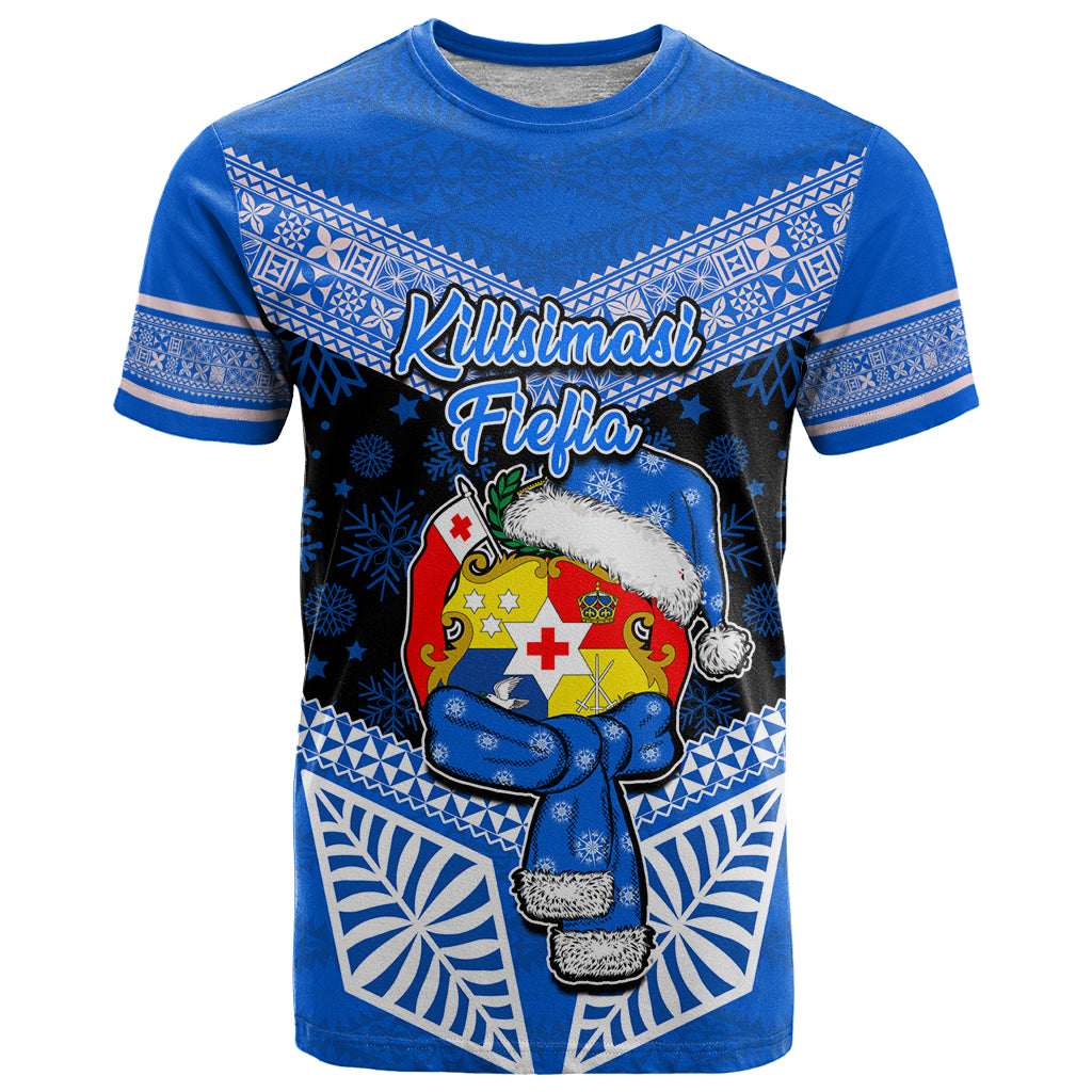 Personalised Tonga Christmas T Shirt Tongan Coat of Arms Santa With Ngatu Pattern Christmas Blue Style LT03 Blue - Polynesian Pride