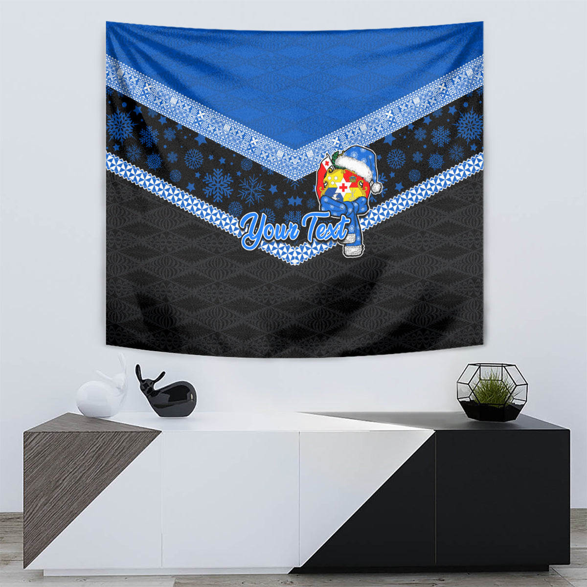Personalised Tonga Christmas Tapestry Tongan Coat of Arms Santa With Ngatu Pattern Christmas Blue Style LT03 - Polynesian Pride