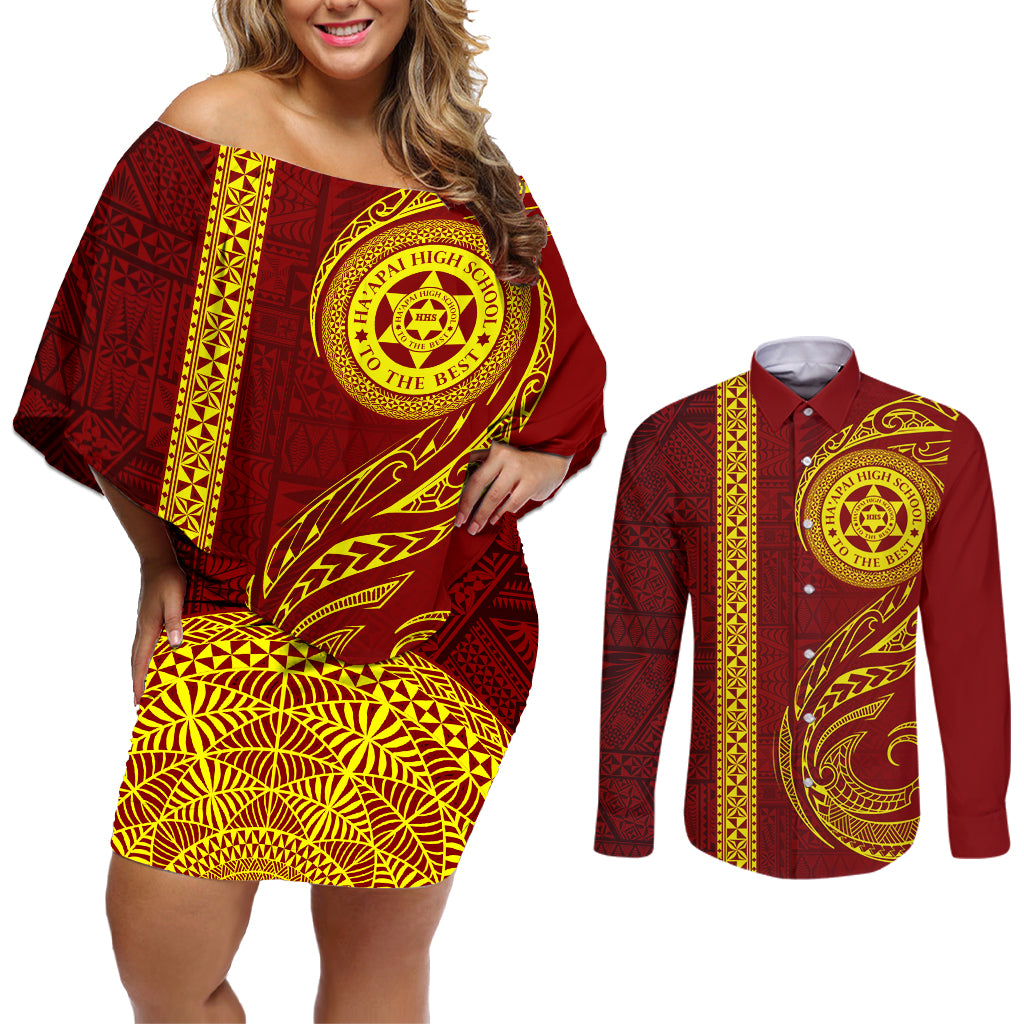 Tonga Ha'apai High School Couples Matching Off Shoulder Short Dress and Long Sleeve Button Shirt Ngatu and Maori Ethnic Tribal Pattern LT03 Red - Polynesian Pride