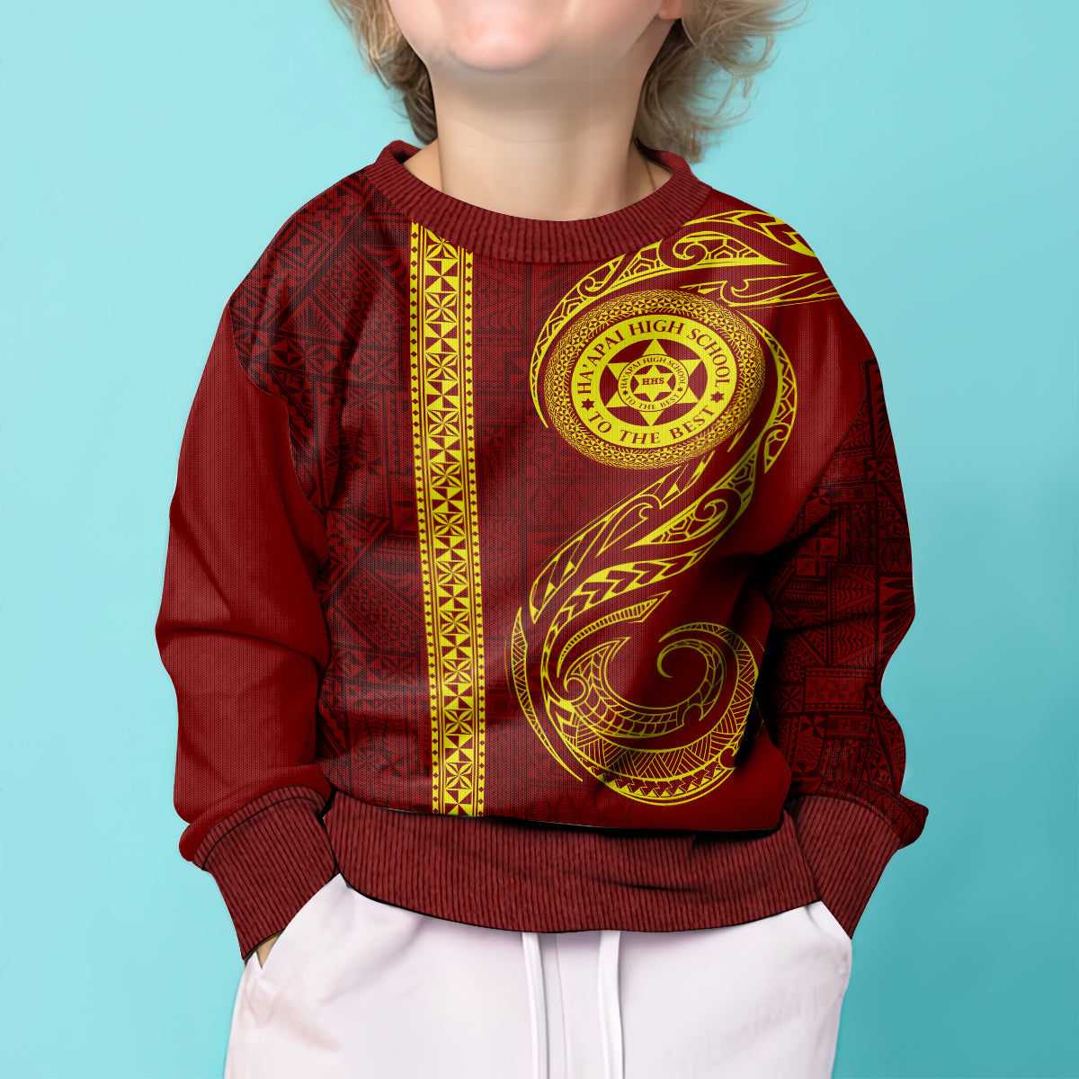 Tonga Ha'apai High School Kid Ugly Christmas Sweater Ngatu and Maori Ethnic Tribal Pattern LT03 - Polynesian Pride