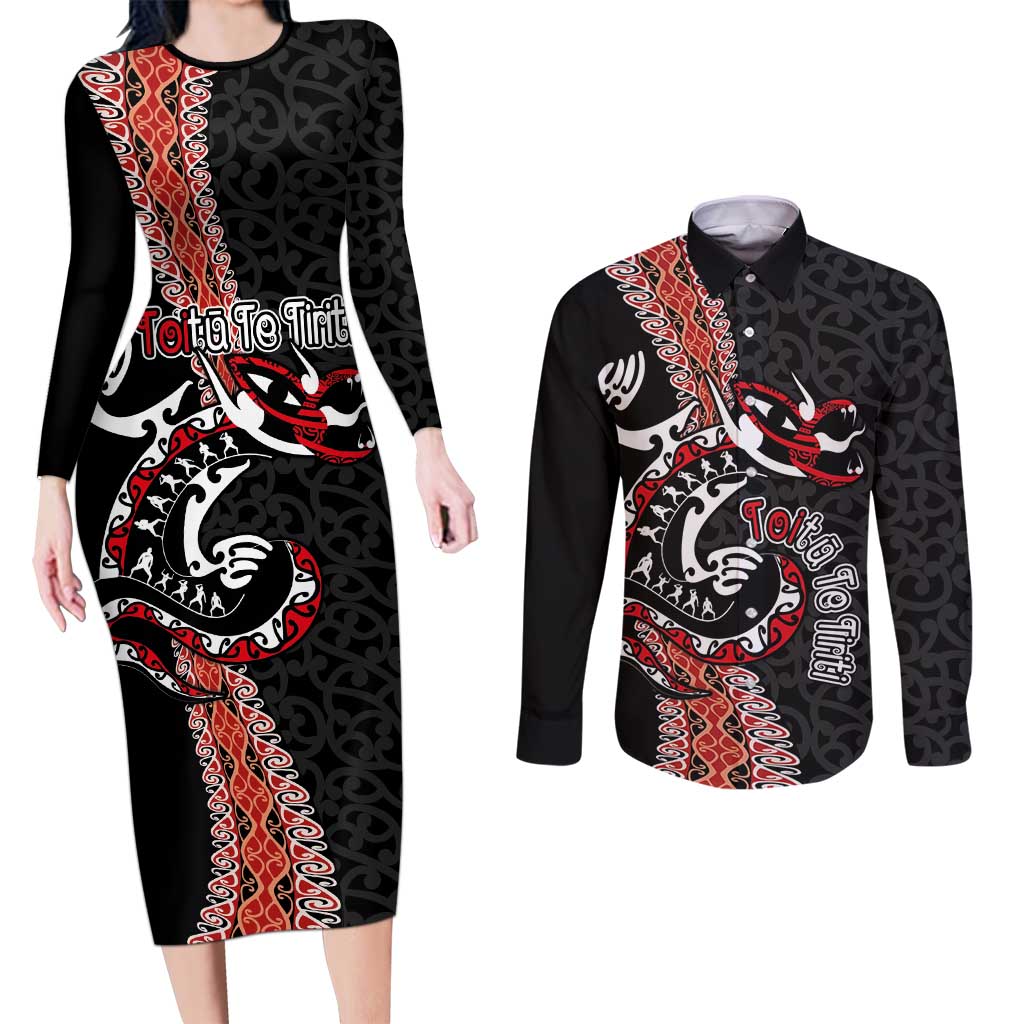 Aotearoa Toitu Te Tiriti Couples Matching Long Sleeve Bodycon Dress and Long Sleeve Button Shirt Maori Taniwha Haka - Honour the Treaty LT03