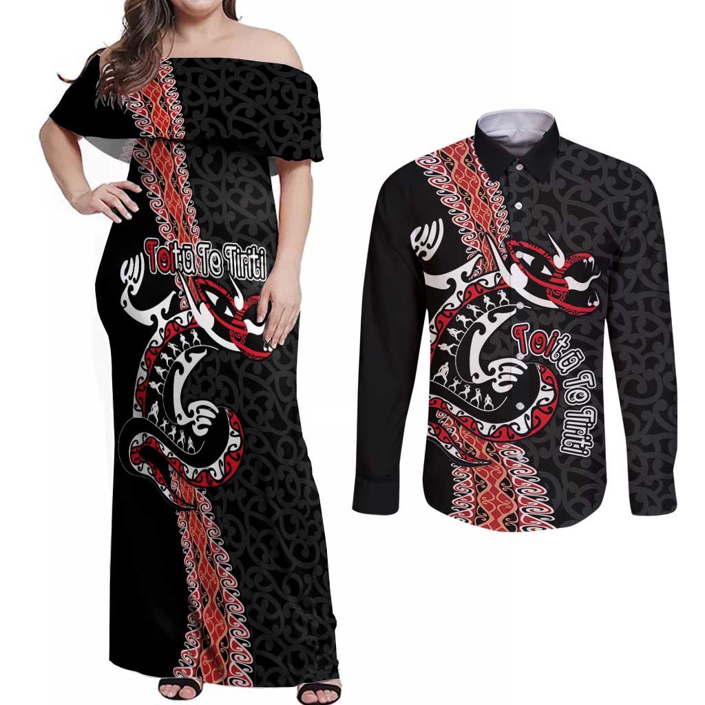 Aotearoa Toitu Te Tiriti Couples Matching Off Shoulder Maxi Dress and Long Sleeve Button Shirt Maori Taniwha Haka - Honour the Treaty LT03