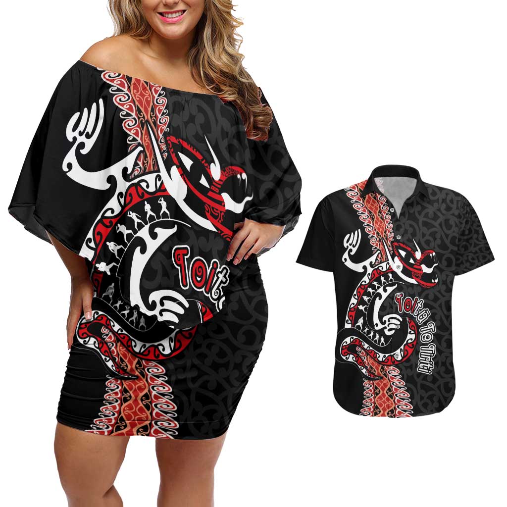Aotearoa Toitu Te Tiriti Couples Matching Off Shoulder Short Dress and Hawaiian Shirt Maori Taniwha Haka - Honour the Treaty LT03