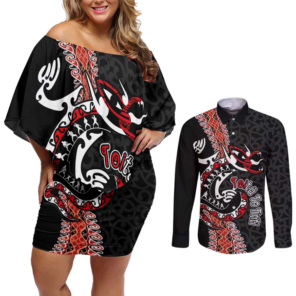Aotearoa Toitu Te Tiriti Couples Matching Off Shoulder Short Dress and Long Sleeve Button Shirt Maori Taniwha Haka - Honour the Treaty LT03