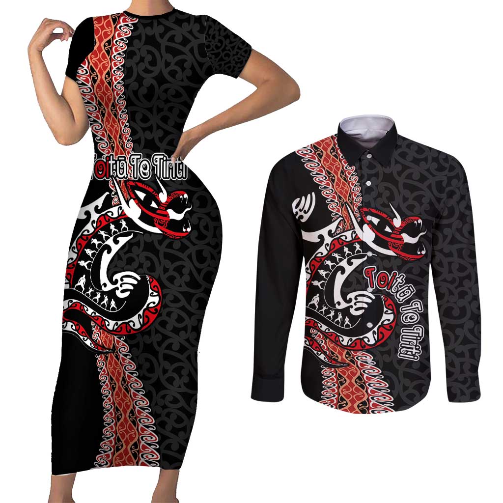 Aotearoa Toitu Te Tiriti Couples Matching Short Sleeve Bodycon Dress and Long Sleeve Button Shirt Maori Taniwha Haka - Honour the Treaty LT03