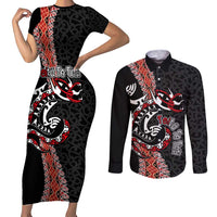 Aotearoa Toitu Te Tiriti Couples Matching Short Sleeve Bodycon Dress and Long Sleeve Button Shirt Maori Taniwha Haka - Honour the Treaty LT03