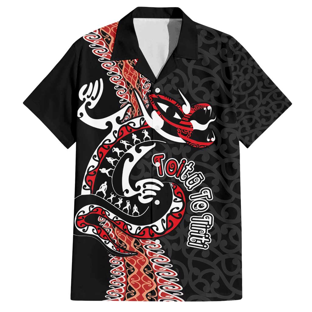 Aotearoa Toitu Te Tiriti Family Matching Off Shoulder Maxi Dress and Hawaiian Shirt Maori Taniwha Haka - Honour the Treaty LT03 Dad's Shirt - Short Sleeve Black - Polynesian Pride