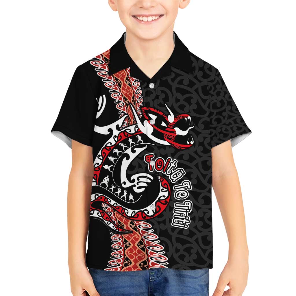 Aotearoa Toitu Te Tiriti Family Matching Off Shoulder Maxi Dress and Hawaiian Shirt Maori Taniwha Haka - Honour the Treaty LT03 Son's Shirt Black - Polynesian Pride