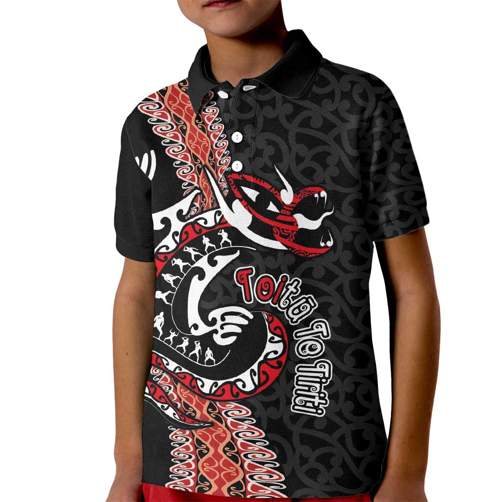 Aotearoa Toitu Te Tiriti Kid Polo Shirt Maori Taniwha Haka - Honour the Treaty LT03 Kid Black - Polynesian Pride